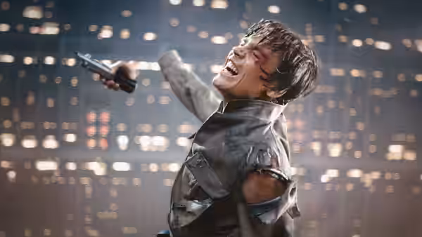 a man in a torn jacket shouting while holding a pistol