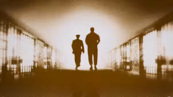Two men walk down a sunlit prison corridor seen from behind