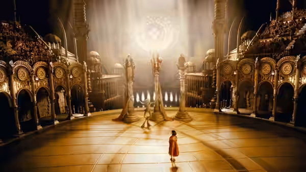 A child in a red dress facing tall figures in a vast golden hall