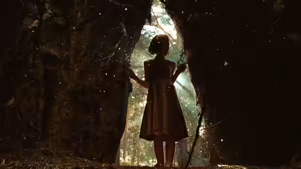 Ofelia (Ivana Baquero) standing in a hollow tree looking into the forest