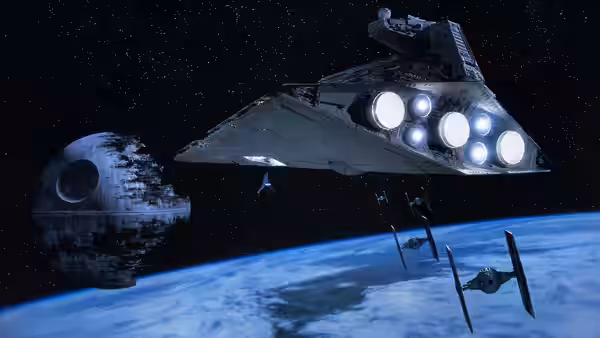 A Star Destroyer near a planet with the Death Star in the distance
