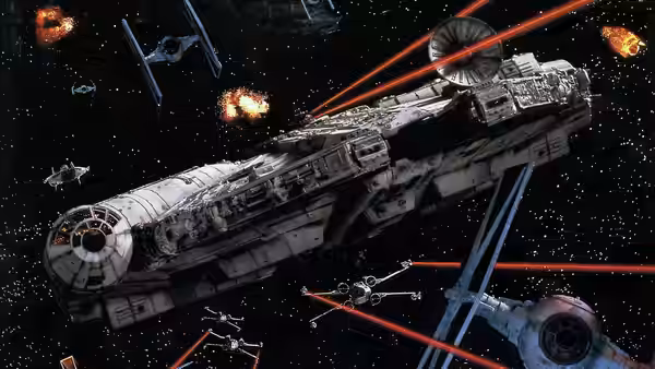 A large spaceship firing on smaller fighters amid explosions in space