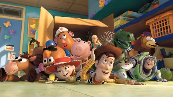 Woody Buzz Lightyear and toys lying on the floor peering ahead