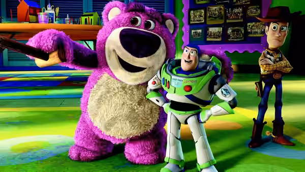 Lotso holding a pointer beside Buzz Lightyear with Woody watching