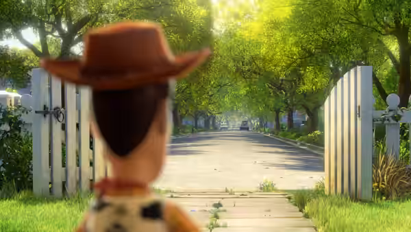 Woody standing at an open gate looking down a suburban street