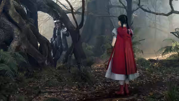 Little Red Riding Hood (Lilla Crawford) faces a cloaked figure beneath twisted forest trees