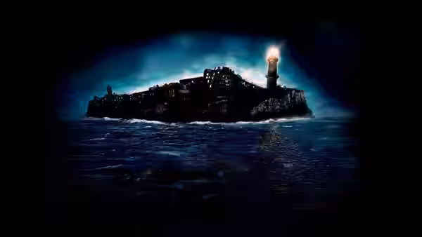 Isolated island fortress with lighthouse glowing against stormy night waves