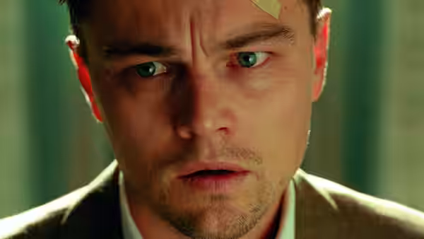 Close-up of Teddy Daniels (Leonardo DiCaprio) with head bandage and intense stare