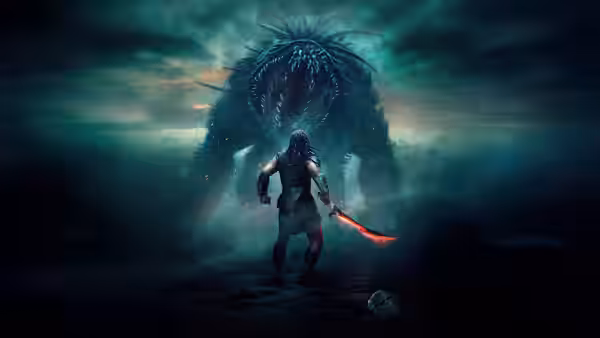 A Predator confronts a massive creature on rocky ground under dark clouds