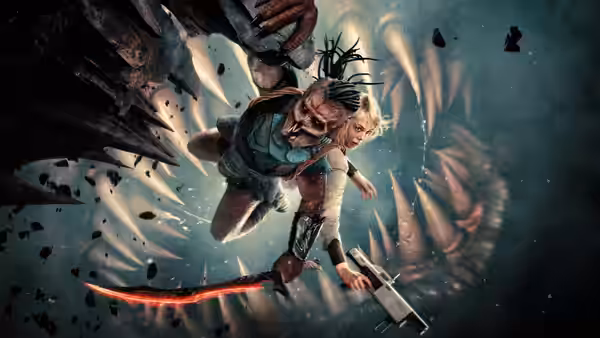 Thia (Elle Fanning) and a Predator tumble amid flying debris and rocks