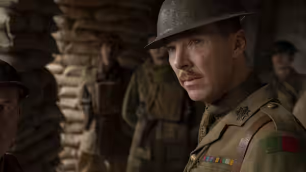 Colonel MacKenzie (Benedict Cumberbatch) stands in a sandbagged trench