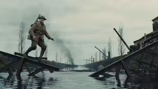 A soldier crosses a broken beam over flooded industrial ruins