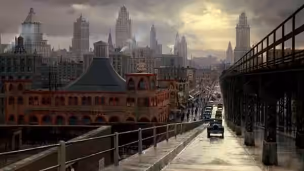 Vintage car drives along city street under elevated tracks