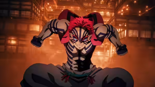 a muscular demon with red hair and blue stripes posing with arms outstretched