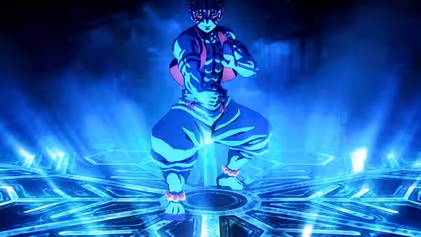 Akaza (Akira Ishida) crouching on a glowing blue circular platform