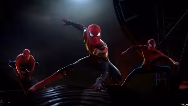 Three Spider-Men in red suits crouch and leap across a dark circular platform