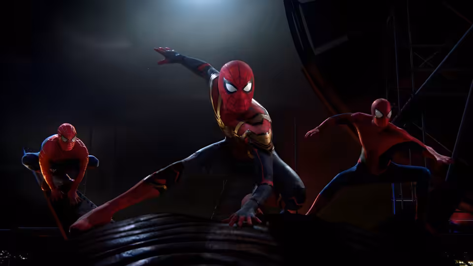 Three Spider-Men in red suits crouch and leap across a dark circular platform