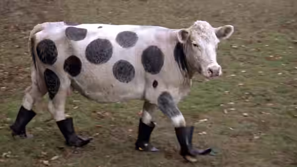 A cow with painted black spots and boots walks across a grassy field