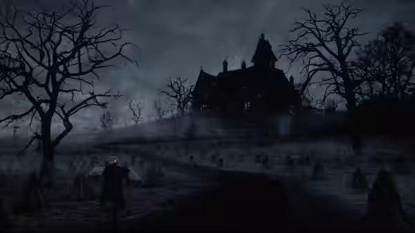 A lone figure crosses a foggy graveyard toward a hilltop mansion