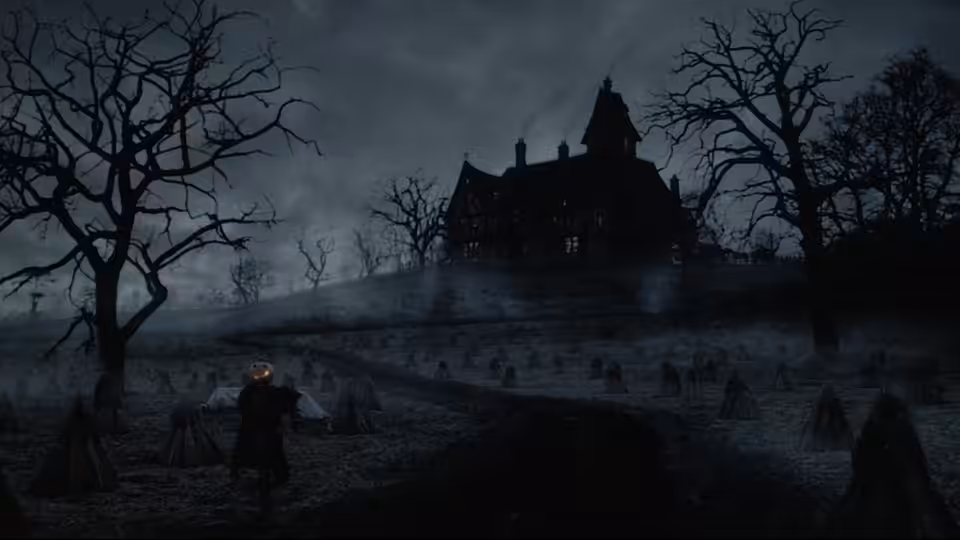 A lone figure crosses a foggy graveyard toward a hilltop mansion