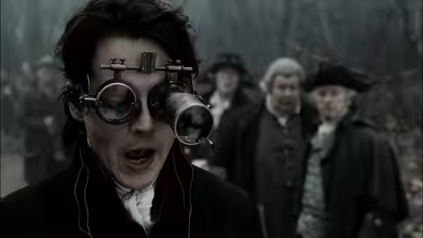 Ichabod Crane (Johnny Depp) examines the woods through an elaborate set of optical lenses