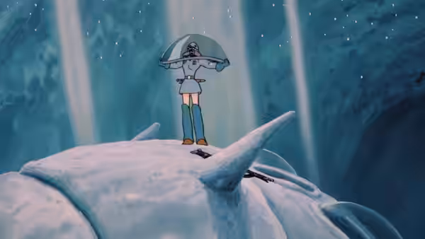 A suited explorer standing on a creature inside an icy cavern