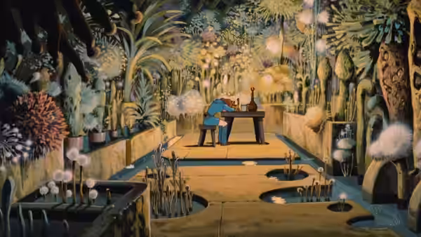Nausicaä (Sumi Shimamoto) working at a table in a glowing forest