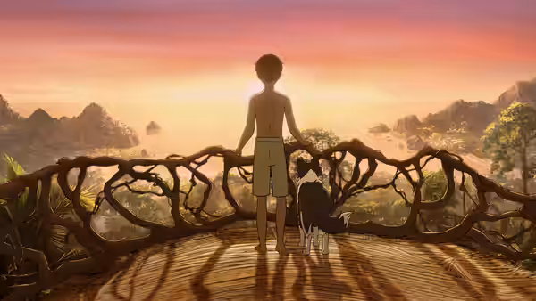 Michael and his dog look out over the island sea from a branch-built platform
