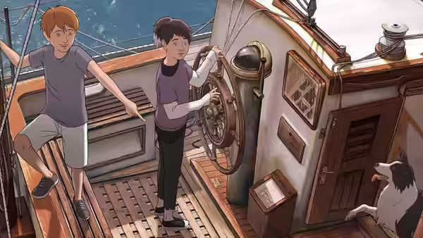 Michael and Becky stand aboard a sailboat as their dog watches from the deck