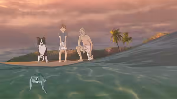 Michael, Kensuke, and their dog wade toward a sea turtle near the island shore