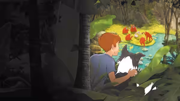 Michael crouches with his dog in the jungle, watching orangutans bathe in a pool