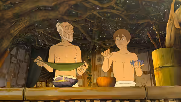 Kensuke and Michael prepare food together inside a shelter beneath tangled branches