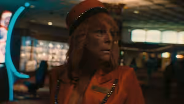 Annette (Jamie Lee Curtis) in a casino uniform looks across the gaming floor