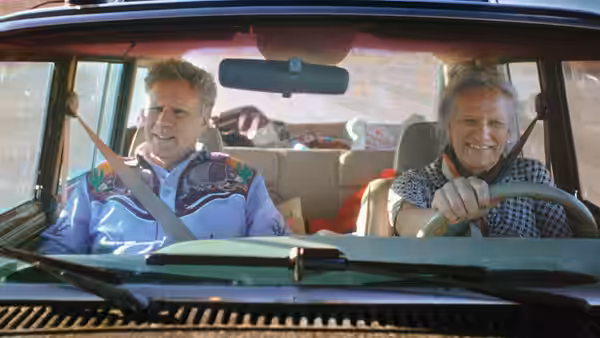 Will Ferrell rides as Harper Steele drives a car through the countryside