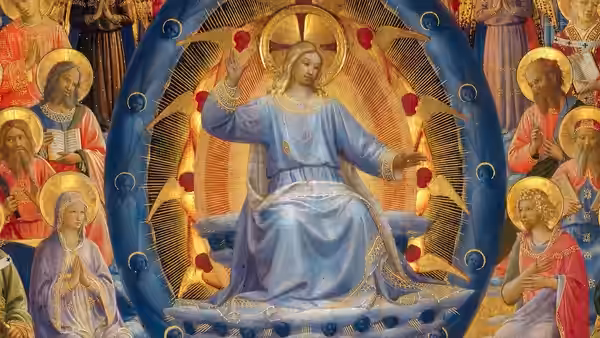 Christ sits enthroned among angels and saints in a gilded religious painting