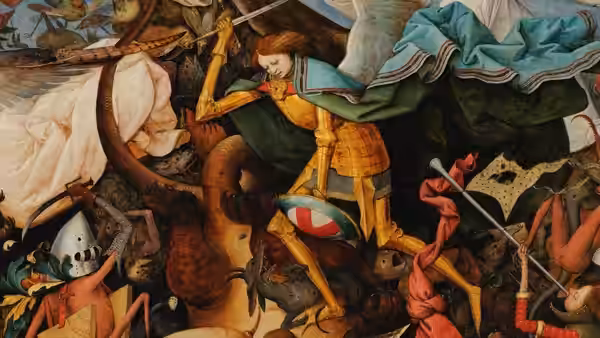 A mounted figure battles demons and beasts in a crowded religious painting