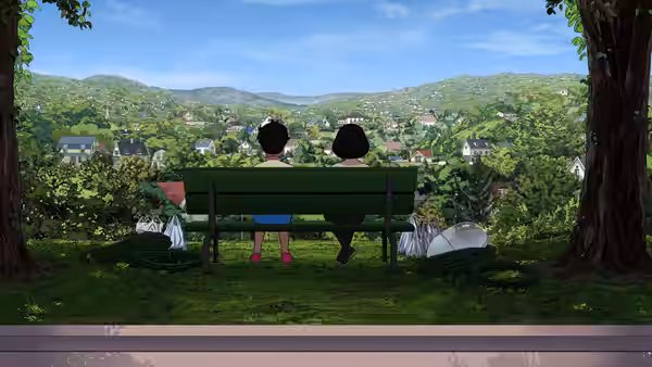 Two children sit on a bench overlooking a town in a green valley
