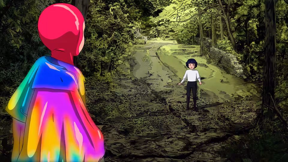 Arco (Oscar Tresanini) faces a child on a muddy path through the forest