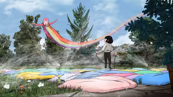 Arco (Oscar Tresanini) flies above Iris (Margot Ringard Oldra) on a rainbow ribbon