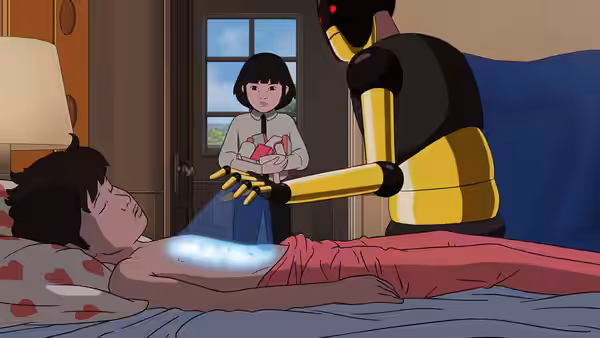 A robot tends to a boy in bed as a girl watches from the doorway
