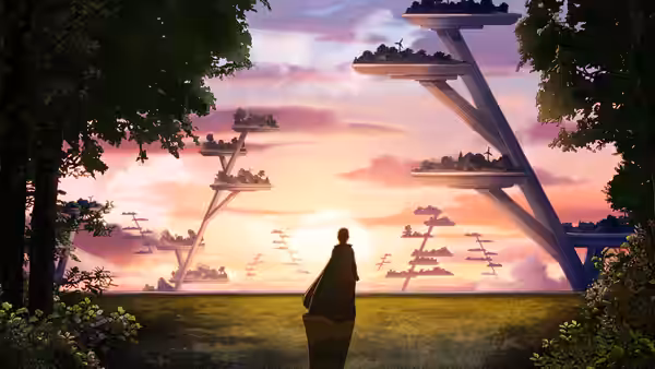 A cloaked figure stands beneath towering structures against a pink sunset