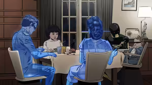A girl shares dinner with two blue holograms, a robot and an older man