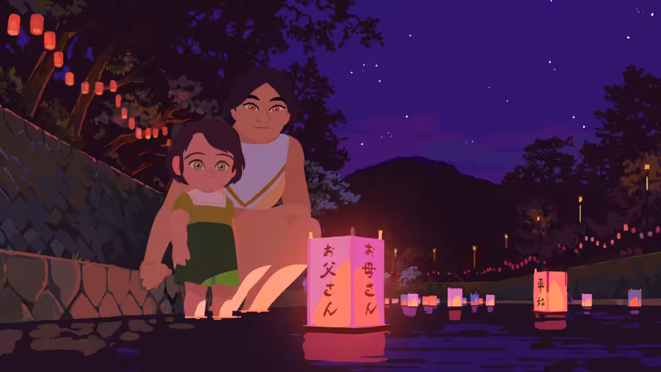 A woman and little girl sit beside a river lined with glowing lanterns at dusk