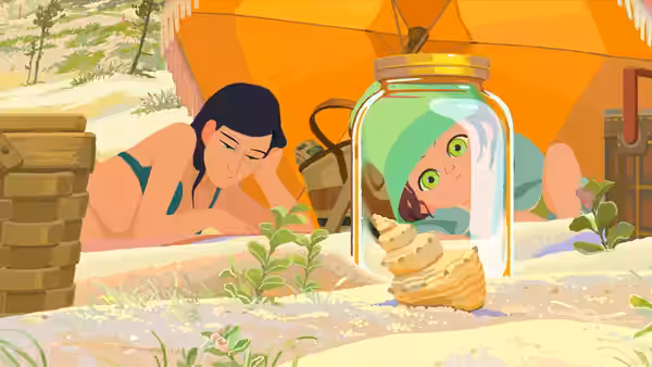 A woman watches a small child peering from inside a glass jar beneath an umbrella