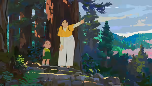 A woman points toward a mountain valley as a little girl stands beside her in the forest