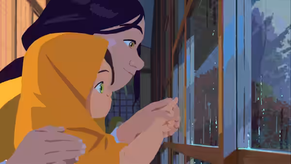 A woman embraces a child in a hood as they look out through a rain-streaked window