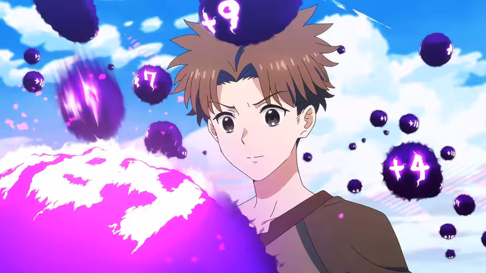 A young mage looks toward glowing purple orbs marked with numbers against a blue sky