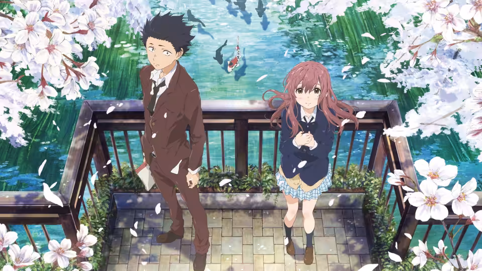 Shouya Ishida and Shouko Nishimiya stand on a bridge over a koi pond amid falling cherry blossoms