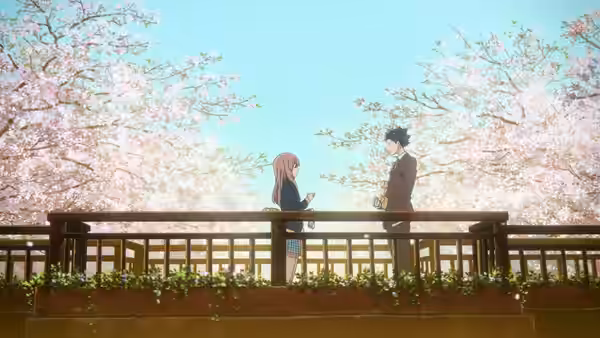 Shouya Ishida and Shouko Nishimiya face each other on a wooden bridge under cherry blossom trees