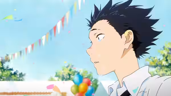 Shouya Ishida looks upward at an outdoor festival with balloons and colorful flags